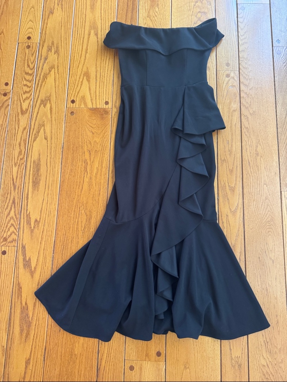 Betsy and Adam off the shoulder Black Ruffle Mermaid Gown
